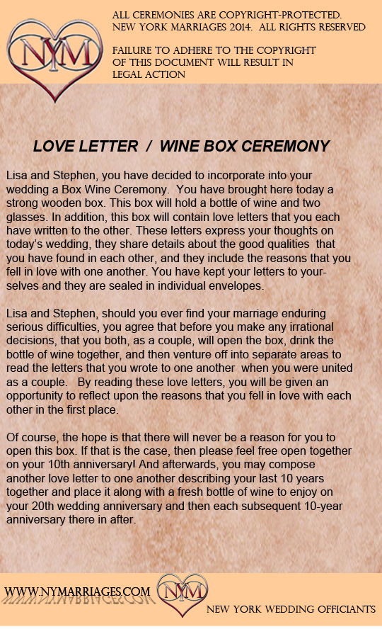 Wine Box Love Letter Ceremony, Sample Wedding Ceremonies, New York Wedding Officiant, Long Island Justice of the Peace