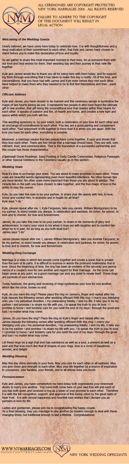 Protected same-sex wedding ceremony sample from NY Marriages