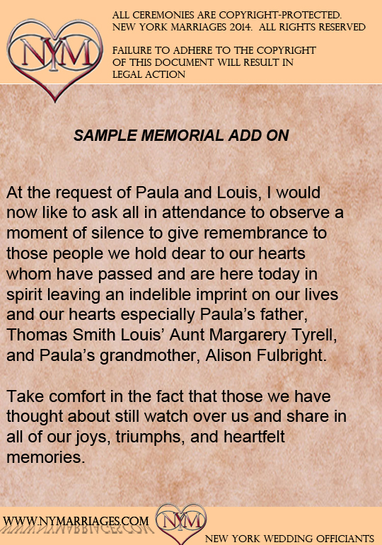 Protected wedding Memorial Tribute wording from NY Marriages