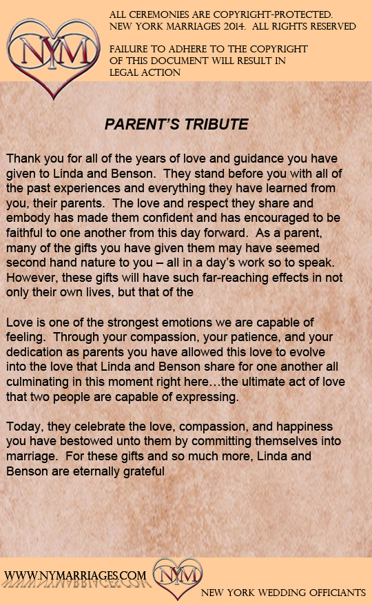 Protected Parents’ Tribute wedding ceremony wording from NY Marriages