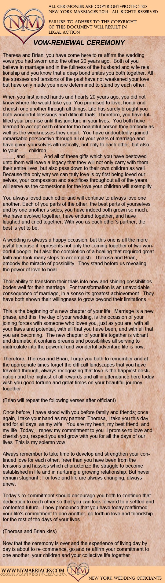 Protected sample vow renewal ceremony from NY Marriages