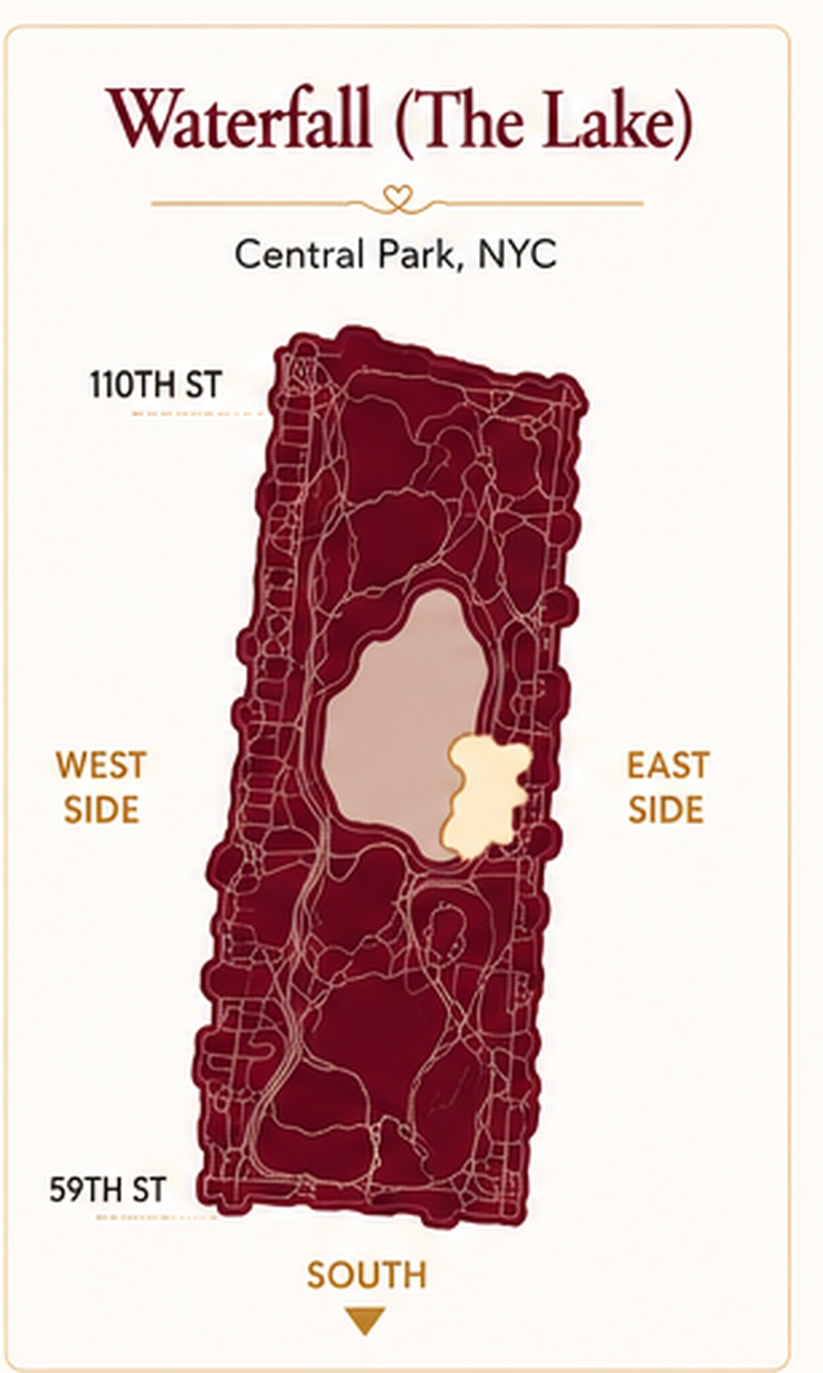 Map showing the location of Waterfall at The Lake in Central Park